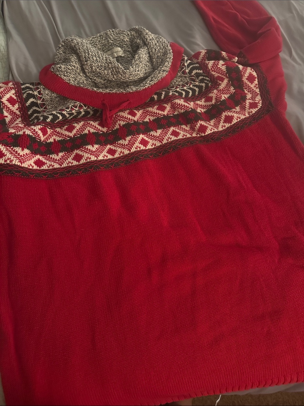 Christopher & Banks Red Fair Isle Turtleneck Sweater with Gray Cowl